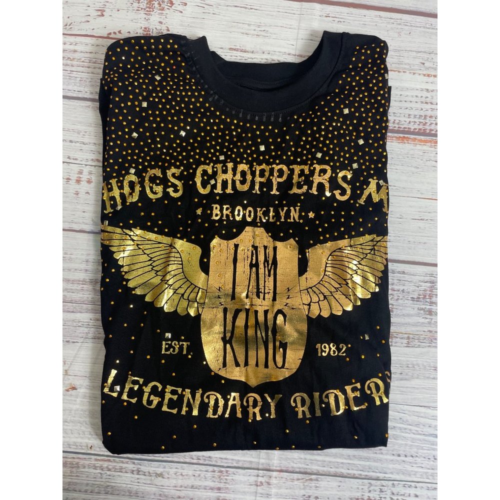 Switch Remarkable Hogs Choppers Legendary Riders‎ '"I Am King" Gold Sequin Shirt